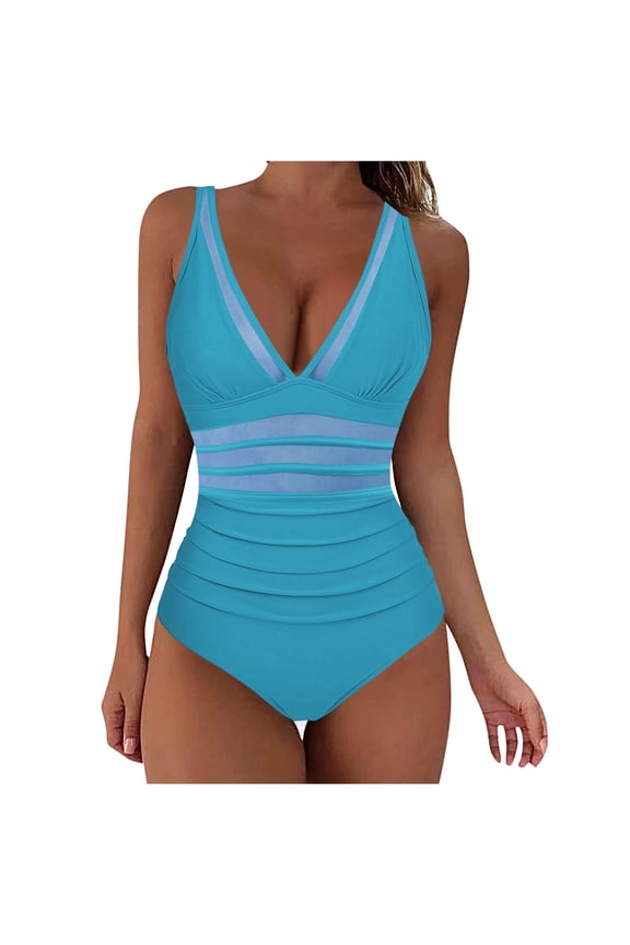 Sexy Monokini for Women Deep V Neck Mesh Cutout One Piece Swimsuit Solid Color Tummy Control Bathing Suit Light Blue M