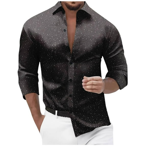 USNSM Silk Satin Dress Shirt for Men Long Sleeve Casual Hot-Gold Party Blouses Slim Fit Button Up Fashion Solid Color Shirts Black S