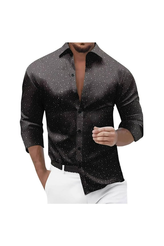 Silk Satin Dress Shirt for Men Long Sleeve Casual Hot-Gold Party Blouses Slim Fit Button Up Fashion Solid Color Shirts Black XL