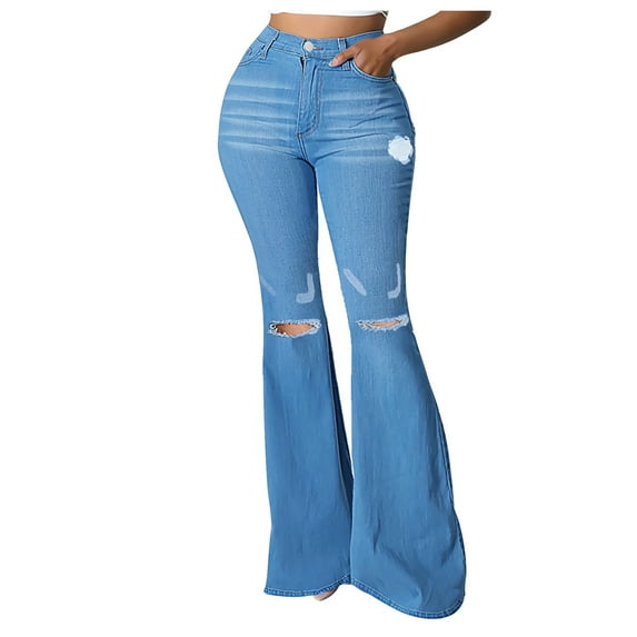 USNSM Skinny Ripped Bell Bottom Jeans for Women Solid Color Classic High Waisted Casual Wide Leg Jean Pants with Pockets Blue L