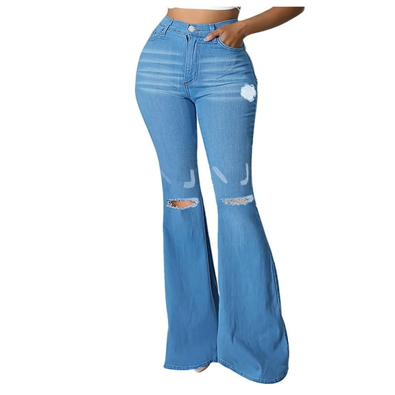 USNSM Skinny Ripped Bell Bottom Jeans for Women Solid Color Classic High Waisted Casual Wide Leg Jean Pants with Pockets Blue L
