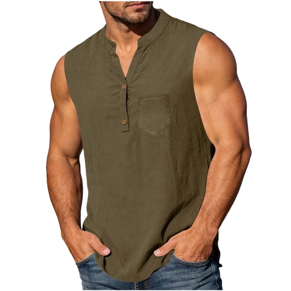 USNSM Sleeveless Henley Tank for Mens Basic Button Up Vest Summer Solid Color Pocket Loose Business Work Tops Tees Brown M