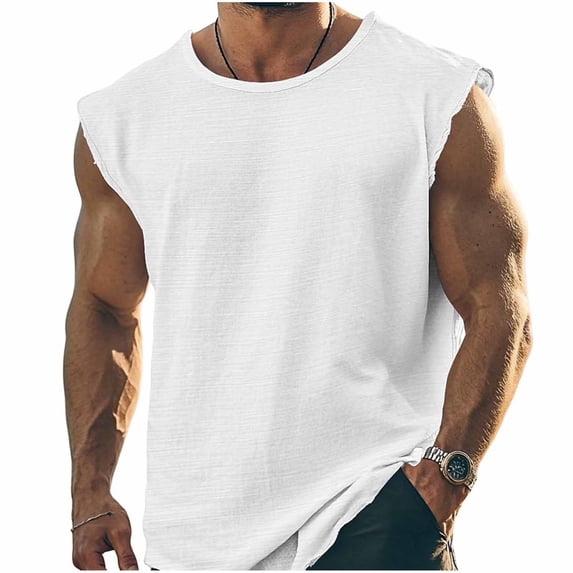 USNSM Sleeveless Tank Tops for Mens Retro Solid Color Exercise Crew Neck Vest Summer Casual Shirts Vacation Beach Blouses White M