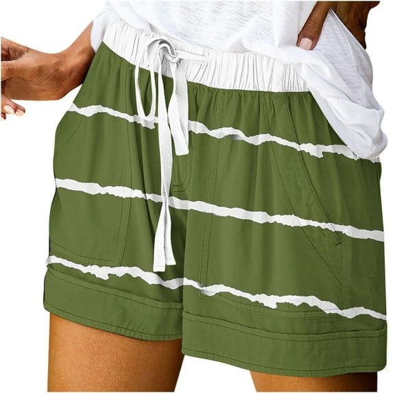 USNSM Soft Lightweight Shorts for Women Solid Color Wave Stripe Printed Casual Shorts Cotton Comfortable Sports Shorts with Pockets Green M