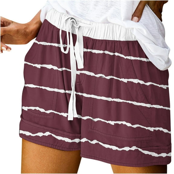 USNSM Soft Lightweight Shorts for Women Solid Color Wave Stripe Printed Casual Shorts Cotton Comfortable Sports Shorts with Pockets Purple L
