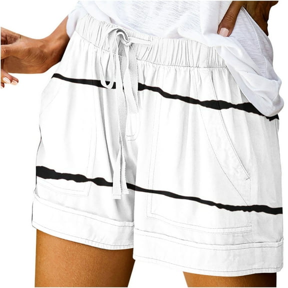 USNSM Soft Lightweight Shorts for Women Solid Color Wave Stripe Printed Casual Shorts Cotton Comfortable Sports Shorts with Pockets White XL