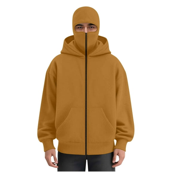 USNSM Streetwear Fleece Hoodies for Men with Mask,Thermal Winter Double Hat Hooded Sweatshirt Outdoor Sports Jacket Outwear Brown XXL
