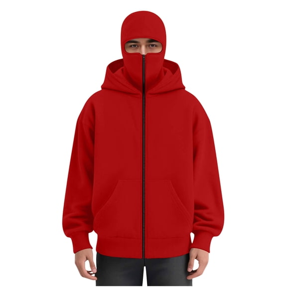USNSM Streetwear Fleece Hoodies for Men with Mask,Thermal Winter Double Hat Hooded Sweatshirt Outdoor Sports Jacket Outwear Red L