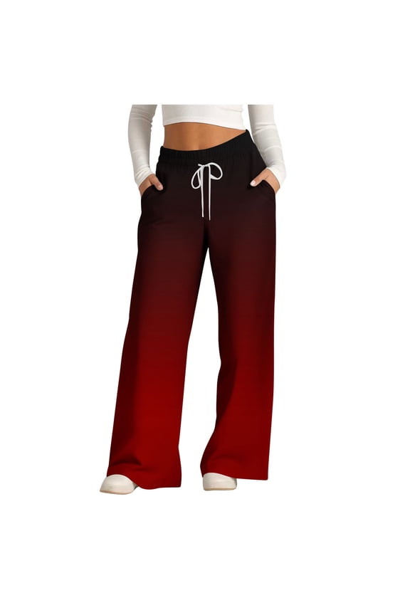 Stretch Active Pants for Women 2024 Fall High Waist Drawstring Wide Leg Pants Casual Gradient Loose Fit Workout Trouser Red S