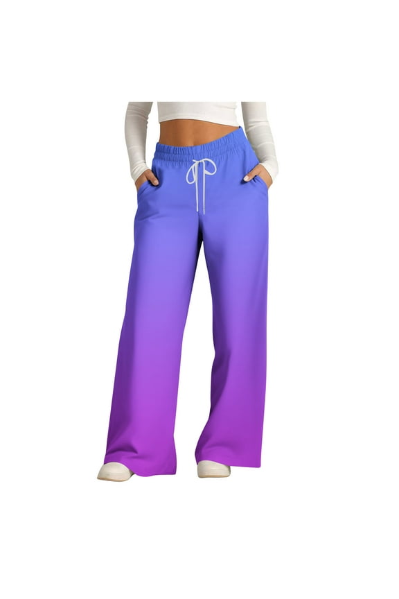 Stretch Active Pants for Women 2024 Fall High Waist Drawstring Wide Leg Pants Casual Gradient Loose Fit Workout Trouser Sky Blue M