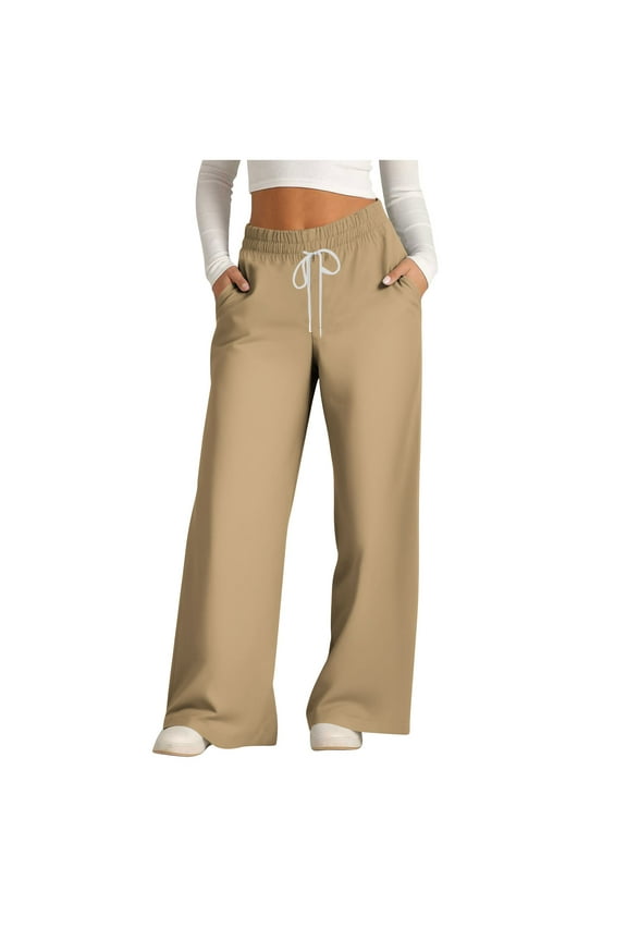 Stretch Active Pants for Women 2024 Fall High Waist Drawstring Wide Leg Pants Casual Loose Fit Workout Trouser Pants Khaki XL