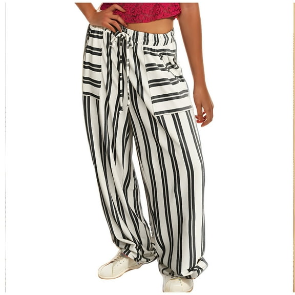 USNSM Striped Pants for Women Wide Leg Casual Trousers Pants High Waisted Drawstring Loose Lounge Pants with Pockets White M