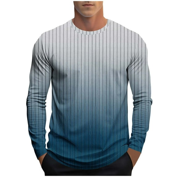 USNSM Striped Print Long Sleeved Shirt for Men Spring Casual Round Neck T-Shirt for Men Retro Autumn Pullover Stripe Shirts Blue M