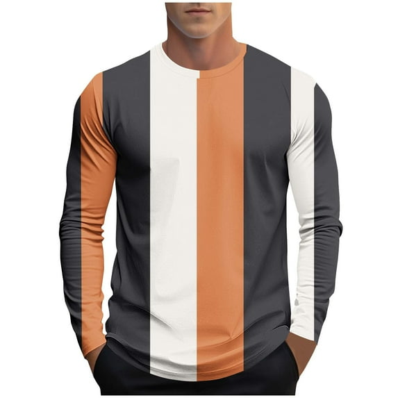 USNSM Striped Print Long Sleeved Shirt for Men Spring Casual Round Neck T-Shirt for Men Vintage Autumn Pullover Stripe Shirts Gray XXL