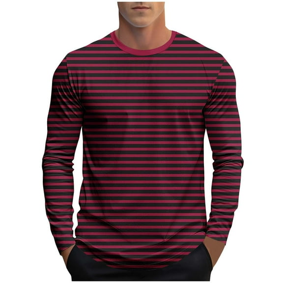 USNSM Striped Print Long Sleeved Shirt for Men Spring Casual Round Neck T-Shirt for Men Vintage Autumn Pullover Stripe Shirts Red L