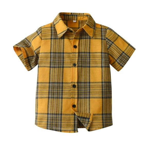 USNSM Summer Boys' Plaid Short-Sleeved Button Shirt Middle and Small Children's Casual Outerwear Blouse Short Sleeved Lapel Shirt Yellow 3-4 Years