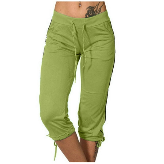 USNSM Summer Casual Capri Pants for Women Solid Color Slim Fit Drawstring Straight Pants Comfortable Hem Tie Capri Pants Green XL