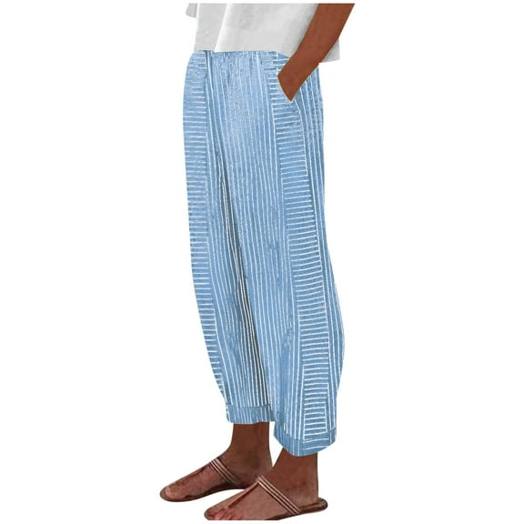 USNSM Summer Pants for Women Casual Stripe Print Trendy Pants Baggy Elastic Waist Straight Comfy Trousers with Pockets Blue M