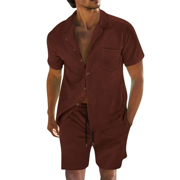 USNSM Summer Short Sleeve Lapel Shirt Men's Thin Suit Casual Sportswear Summer Loose Comfort Breathable Shorts Shirt Suit Brown S
