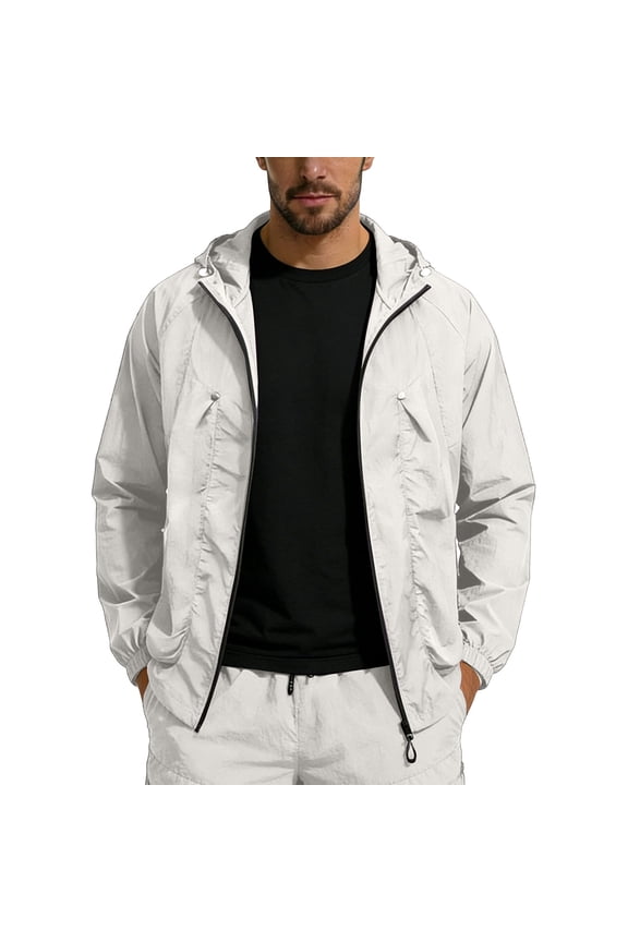 Sunscreen Jacket Men's Lightweight Waterproof Rain Shell Jacket Raincoat with Hood for Golf Cycling Windbreaker White L