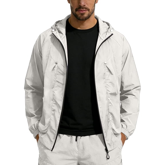 USNSM Sunscreen Jacket Men's Lightweight Waterproof Rain Shell Jacket Raincoat with Hood for Golf Cycling Windbreaker White M