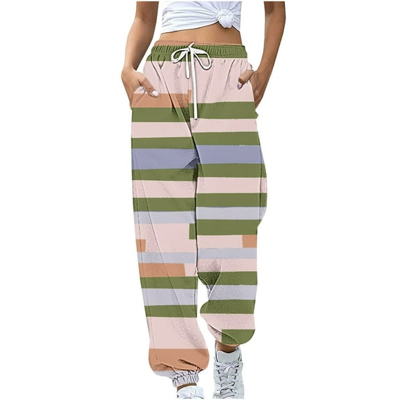 USNSM Sweatpants for Women Fashion Striped Printed Baggy Pants Sports Casual Workout Jogger Sweatpants with Pockets Khaki S