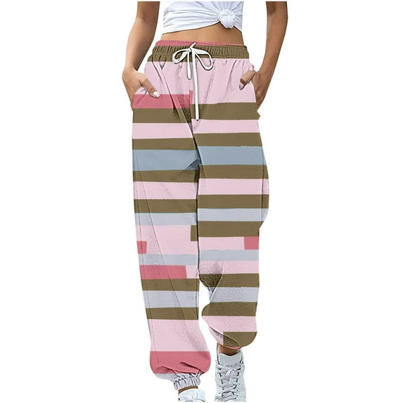 USNSM Sweatpants for Women Fashion Striped Printed Baggy Pants Sports Casual Workout Jogger Sweatpants with Pockets Pink M