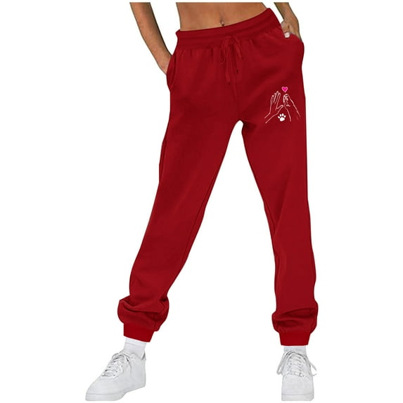USNSM Sweatpants for Women Love Dog Print Running Workout Tapered Pants Athletic Drawstring Joggers Trousers with Pockets Red XL
