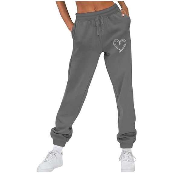 USNSM Sweatpants for Women Trendy Love Heart Graphic Jogger Pants Casual Elastic High Waisted Trousers with Pocket Dark Gray M