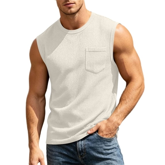 USNSM Tank Tops Men Waffle Sleeveless Shirt Casual Summer Relaxed Fit Active Tank Top with Pocket Muscle Athletic Beach Shirts Beige L
