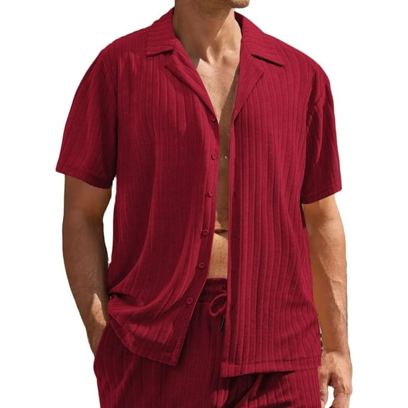 USNSM Textured Linen Shirts for Men Short Sleeve Cotton Shirt Casual Button Down Shirts Summer Beach Hawaiian Shirts Red S