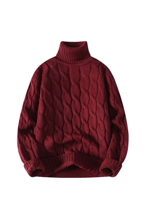 Thick Warm Pullover Mens Turtleneck Sweater Solid Color Loose Casual Comfortable Soft Daily Wear Long Sleeve Tops Red XXL
