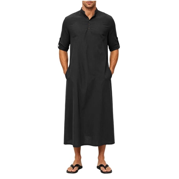 USNSM Thobe for Men Solid Color Short Sleeve Kaftan Thobe Button Down Long Gown Caftan with Pockets Black XXXL