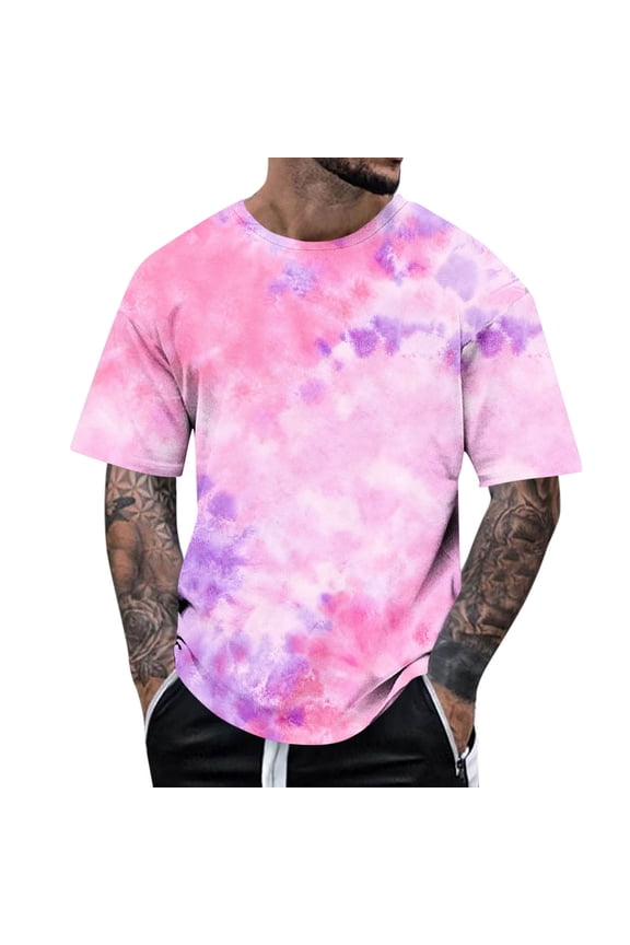 Tie Dye Shirt for Men 3D Pattern Print Colorful Short Sleeve Graphics T Shirts Summer Hipster Hip Hop Tees Pink XXL