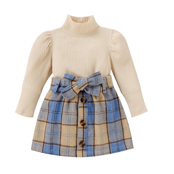 USNSM Toddler Girl Fashion Fall Clothes Baby Turtleneck Solid Knitted Pullover Top A-Line Button Mini Skirt Set Girls 2Pcs Oufits Blue 18M
