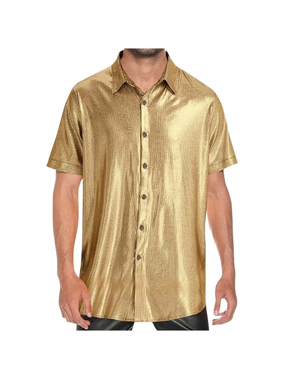 Trends Mens Disco Outfits Shirts Sequins Long Sleeve Metallic Button Down Shirt 70s Outfits for Men Party Clothes Gold XXXL