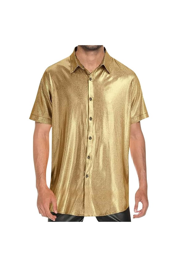 Trends Mens Disco Outfits Shirts Sequins Long Sleeve Metallic Button Down Shirt 70s Outfits for Men Party Clothes Gold XXXL