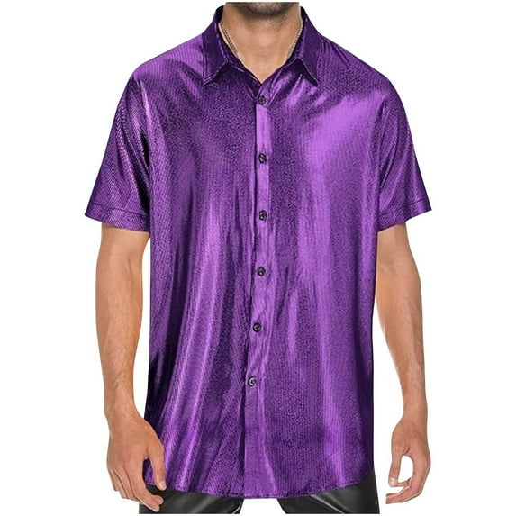 USNSM Trends Mens Disco Outfits Shirts Sequins Long Sleeve Metallic Button Down Shirt 70s Outfits for Men Party Clothes Purple XXXL