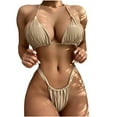 thumbnail image 1 of USNSM Two Piece Sexy Micokini Set for Women Ruched Halter Tie Back Bikini Top with Triangle Thong High Waist Drawstring Slimming Bathing Suit Coffee XL, 1 of 4