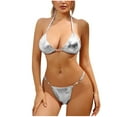 thumbnail image 1 of USNSM Two Piece Sexy Swimwear for Women Tie Up Bikini Top with Cheeky Triangle Thong Halter Lace Up Pearl Decor Shiny Faux Leather Swimsuit Silver S, 1 of 5