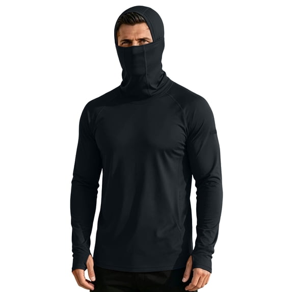 USNSM UPF 50+ Long Sleeve Men Sun Protection Hoodies with Mask Breathable Rash Guard Shirts Sunscreen Shirt with Hood Black L