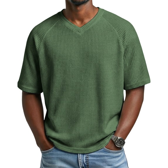 USNSM Waffle Shirts for Men Loose Short Sleeve V Neck Textured Casual Tops Soft Breathable Knitted Vacation Clothes Trendy Green XXL