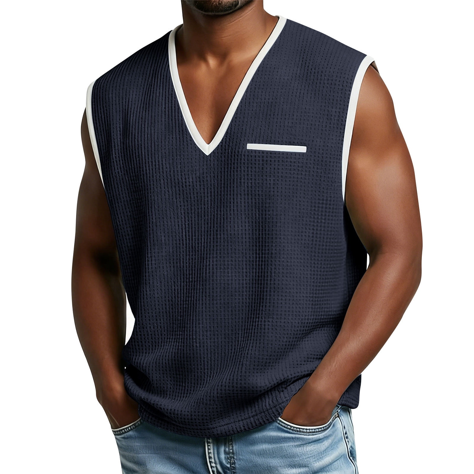 USNSM Waffle Shirts for Men Sleeveless V Neck Textured Color Contrast ...