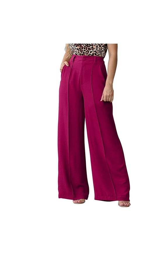 Wide Leg Dress Pants for Women High Waisted Business Casual Straight Pants Solid Color Work Trousers with Pockets Hot Pink L