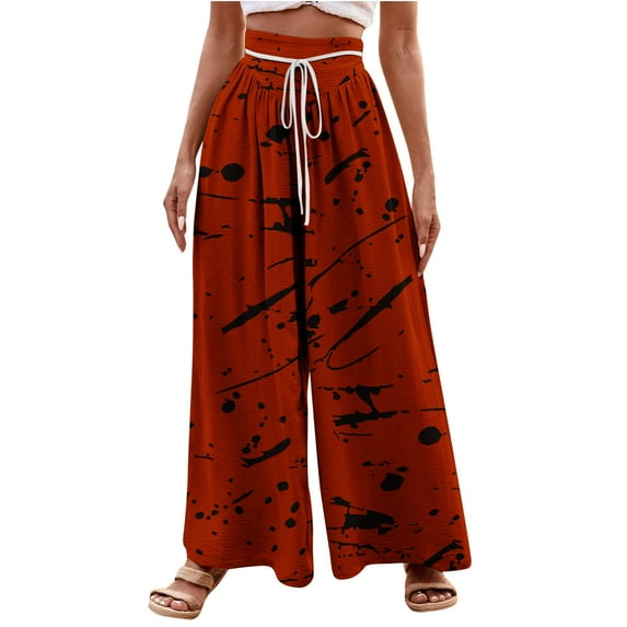 USNSM Wide Leg Pants for Women 2024 Trendy Loose Fit Drawstring Elastic Waist Lounge Trousers Ink Splash Casual Pants Orange XL