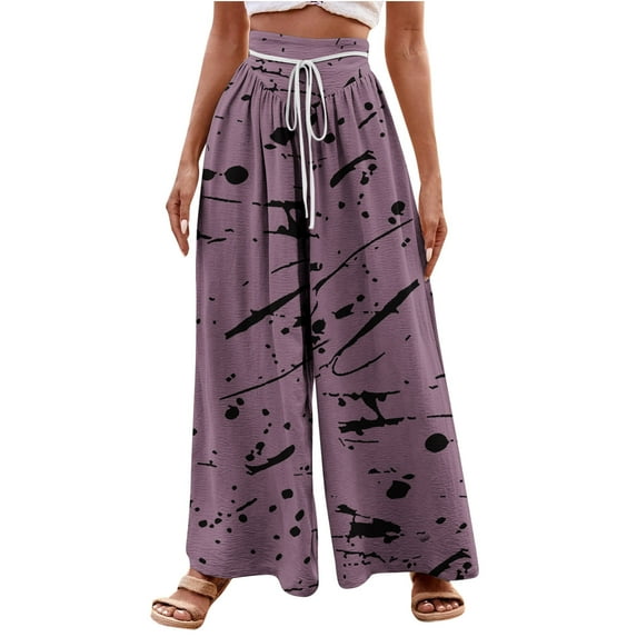 USNSM Wide Leg Pants for Women 2024 Trendy Loose Fit Drawstring Elastic Waist Lounge Trousers Ink Splash Casual Pants Purple S