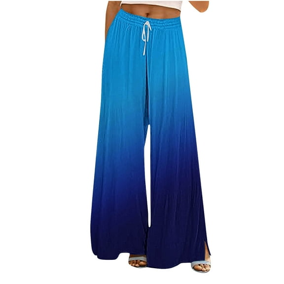 USNSM Wide Leg Pants for Women Rainbow Colored Drawstring Stretchy Casual Pants Fall Baggy Hiking Palazzo Trousers Blue M
