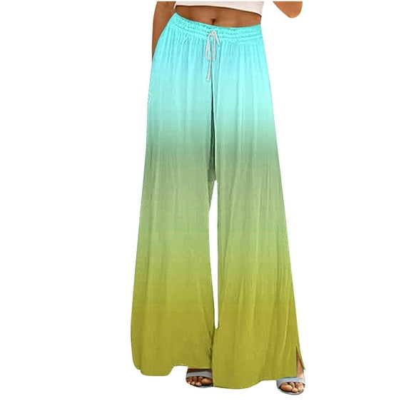 USNSM Wide Leg Pants for Women Rainbow Colored Drawstring Stretchy Casual Pants Fall Baggy Hiking Palazzo Trousers Green L