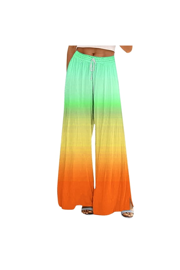 Wide Leg Pants for Women Rainbow Colored Drawstring Stretchy Casual Pants Fall Baggy Hiking Palazzo Trousers Mint Green S