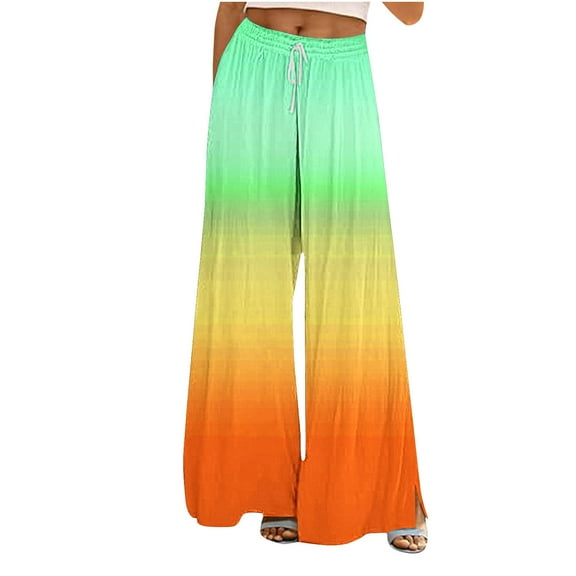 USNSM Wide Leg Pants for Women Rainbow Colored Drawstring Stretchy Casual Pants Fall Baggy Hiking Palazzo Trousers Mint Green XXL